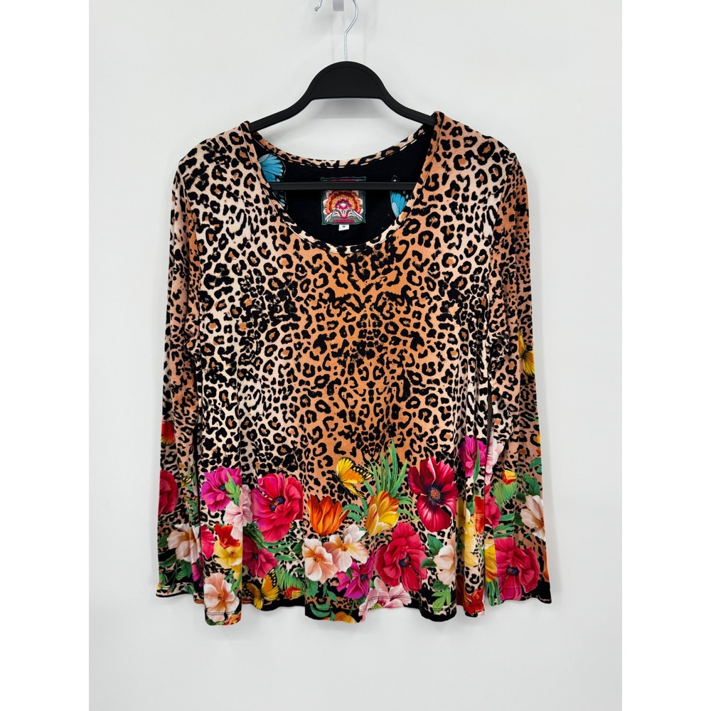 Johnny Was Long Sleeve Top Women M Leopard Floral Butterfly Print Bamboo Spandex